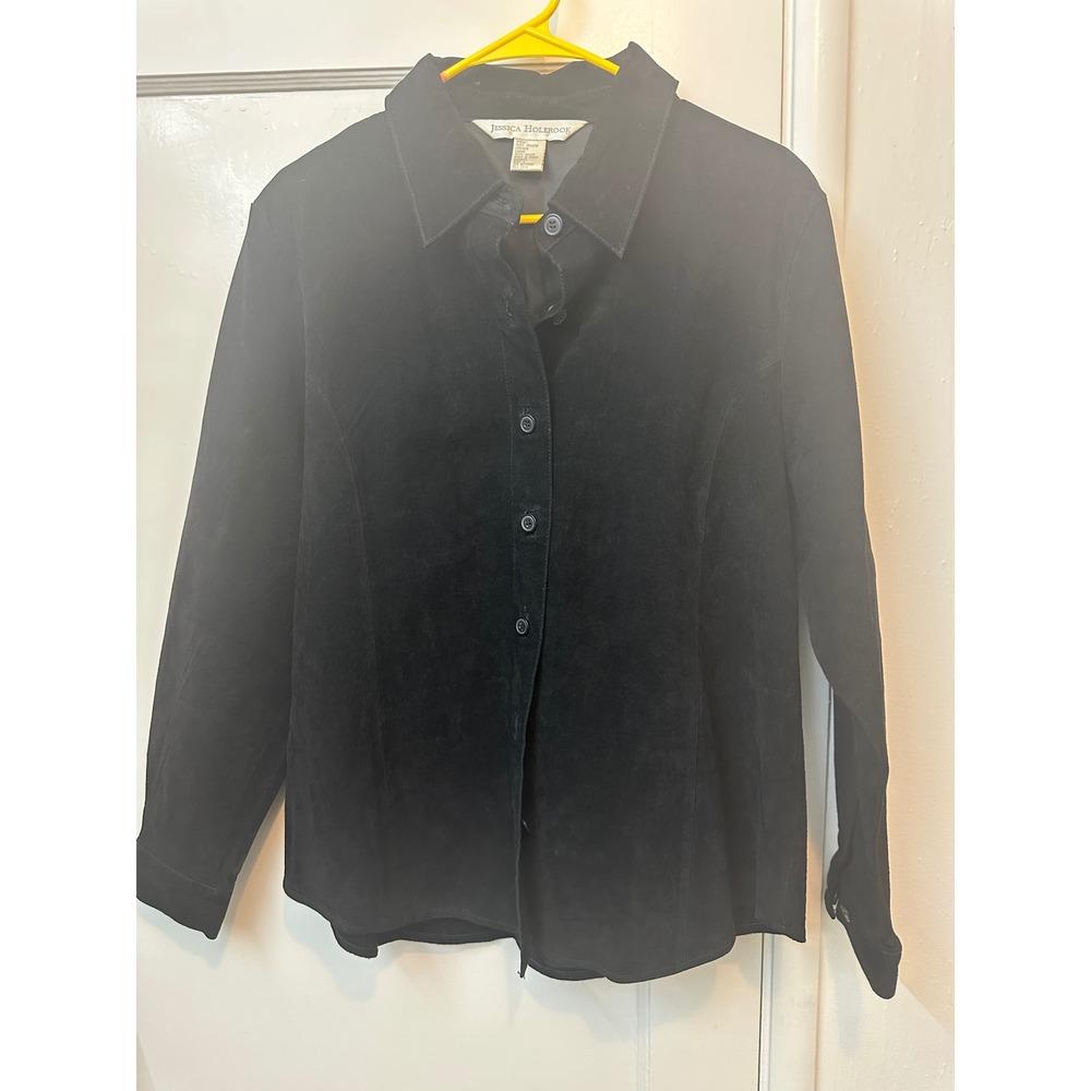 Jessica Holbrook Women Black Genuine Suede Leather Shirt Jacket Button Front L